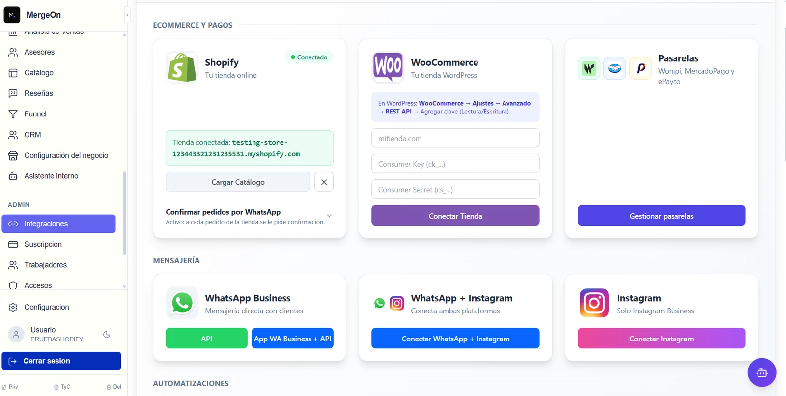 Pantalla de Integraciones con las tarjetas de WhatsApp API, WhatsApp Business más API e Instagram