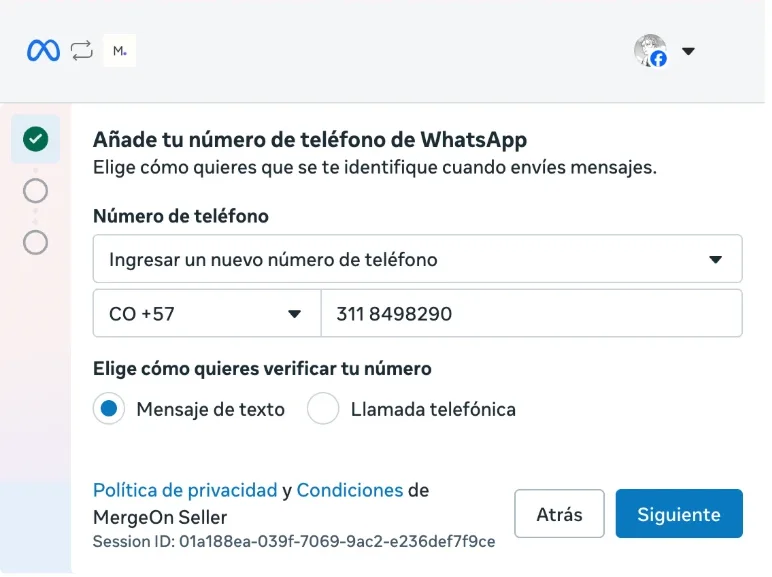 Pantalla de Meta "Añade tu número de teléfono de WhatsApp" con el selector de país, el campo del número y las opciones de verificar por mensaje de texto o llamada
