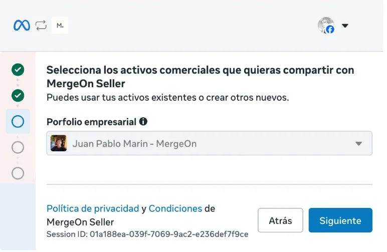Pantalla de Meta "Selecciona los activos comerciales que quieras compartir" con el desplegable del portafolio empresarial
