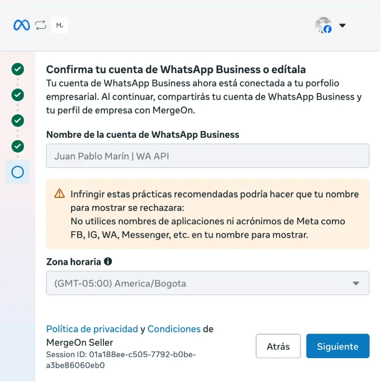 Pantalla de Meta "Confirma tu cuenta de WhatsApp Business o edítala" con el nombre para mostrar, el aviso sobre acrónimos de Meta y el selector de zona horaria